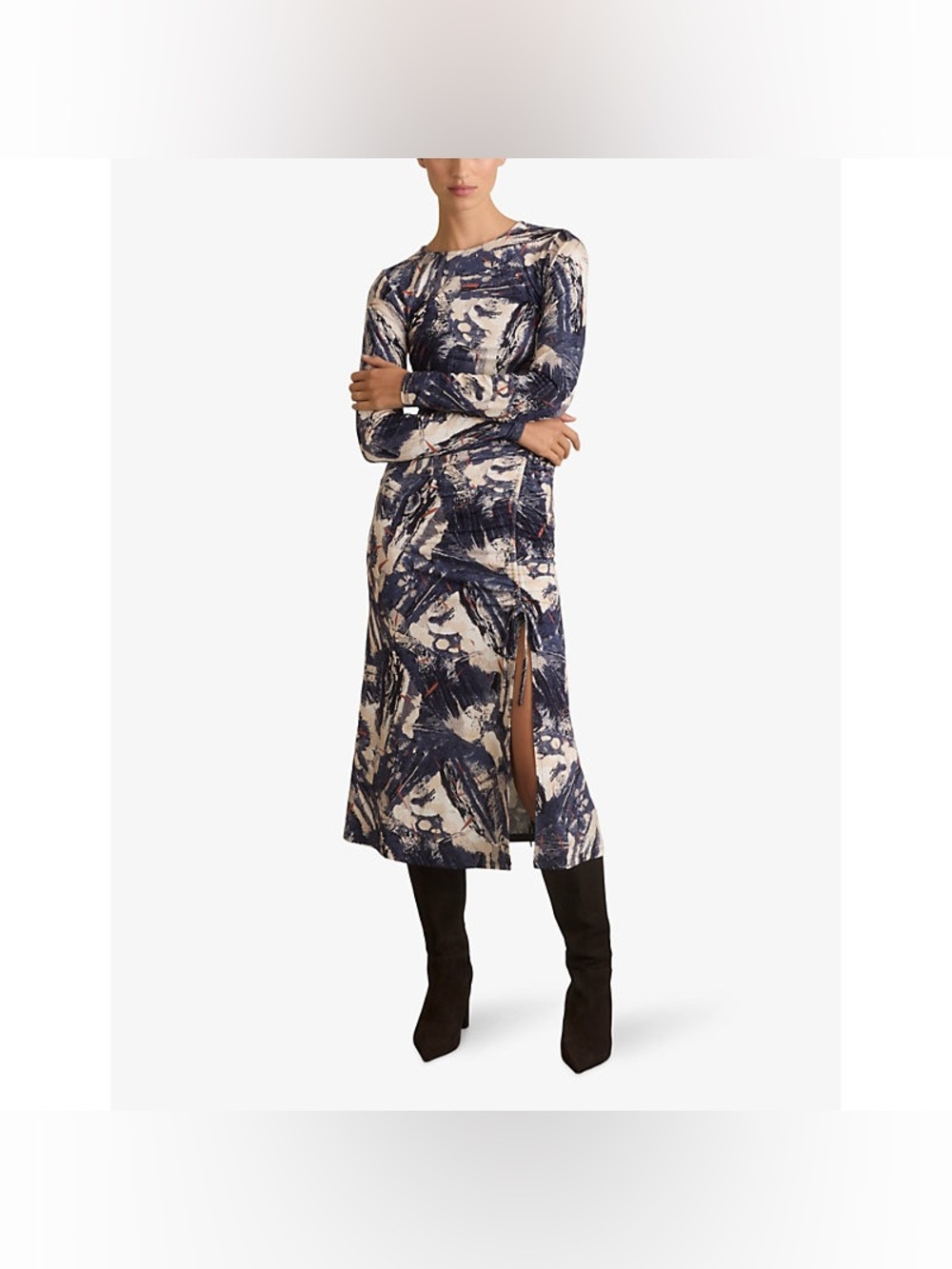 Reiss Navy and Cream Abstract Long-Sleeve Midi Dress